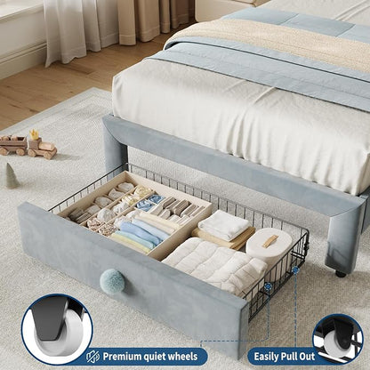 GarveeHome Upholstered Twin Bed Frame with Storage Drawer & Scallop Headboard, Princess Twin Size Platform Bed Frames for Kids Girls, Wooden Slats Support, No Box Spring Needed, Pink/White (Blue)