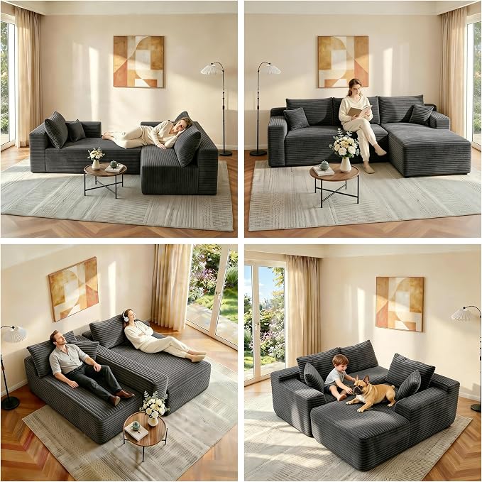 JINGLING 94" U Shaped Boneless Sectional Couch Set for Living Room, Plush Corduroy Modular Sofa with Ottoman, Small Space Apartment Couch, No Assembly, Right Facing Chaise, Dark Grey