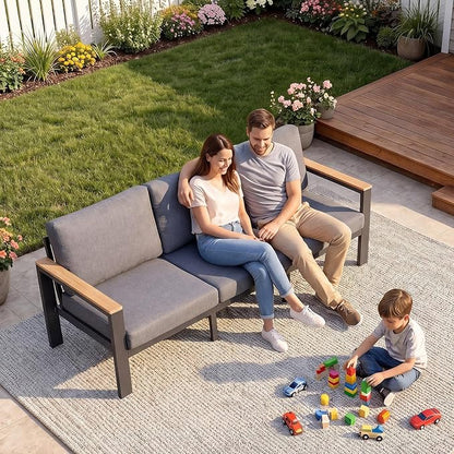 3-Seat Aluminum Outdoor Sofa, 1-Piece Powder-Coated Patio Sectional Sofa with 1.5mm Thick Frame, Anti-Hot Armrest & Waterproof Removable Cushions, Large Outdoor Couch for Backyard Courtyard Grey