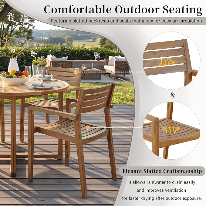 VilroCaz 5-Piece Acacia Wood Outdoor Dining Set for 4, All-Weather 47.2" Round Dining Table with 4 Armchairs and Slatted Design for Patios, Gardens, Pool Sides, and Lawn Areas (Natural-4.11)