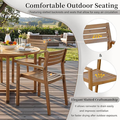 VilroCaz 5-Piece Acacia Wood Outdoor Dining Set for 4, All-Weather 47.2" Round Dining Table with 4 Armchairs and Slatted Design for Patios, Gardens, Pool Sides, and Lawn Areas (Natural-4.11)