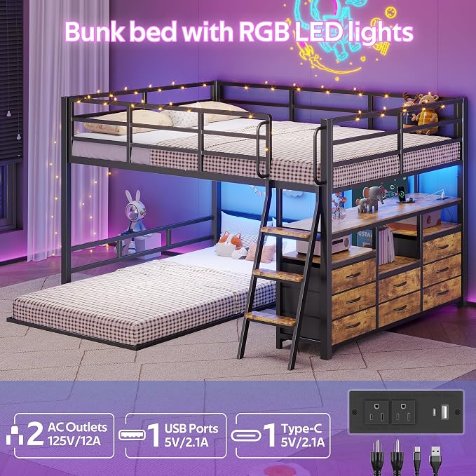 busyaeh Bunk Bed Full Over Twin,Low Bunk Bed with 8 Drawers & 4 Shelves & 15" H Safety Guardrail,bunk Bed with Desk & LED Lights and Charging Station,L-Shaped Bunk Beds with Stairs,Vintage Brown