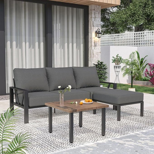 Outdoor Furniture Set, Patio Couch Sectional with Ottoman, 3 Pieces Outdoor Patio Sofa Set Deep Seating with 6" Thick Cushions, Dark Grey