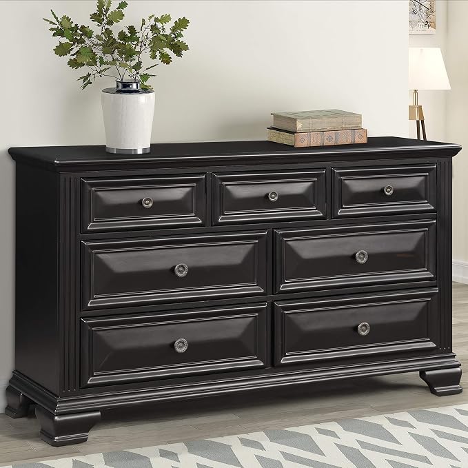 Roundhill Furniture Renova Vintage Black Wood Bedroom Set, King Panel Bed, Dresser, Mirror, Nightstand, Chest