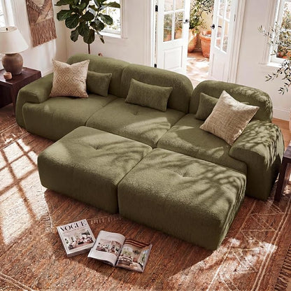 118'' Modular Sectional Cloud Couch Boneless Couches, Oversize Curved Sectional Couches for Living Room, Deep Seat Couch Lambswool Sofa with Ottoman & Throw Pillows, No Assembly, HR Foam
