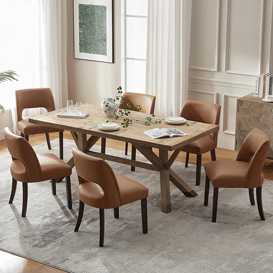VKNOW Modern Dining Chairs Set of 6 with Rubberwood Legs, Brown | Faux Leather, Curved Back, For family, Kitchen Dining Room Restaurant Reception Room, No wobble, 80% pre-installed