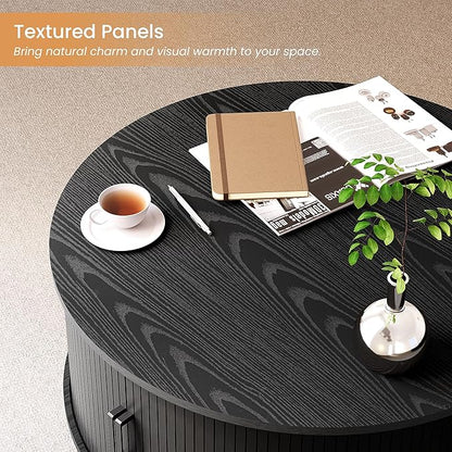 COSIEST Round Coffee Table with Storage, 31.5" Modern Black Coffee Table with 360° Sliding Door, Fluted Wood Accent Center Table with Adjustable Footpads for Living Room