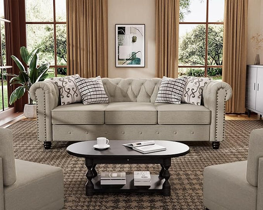 Morden Fort Classic Chesterfield Sofa Set 82'', Tufted Sofa for Couch Set with Solid Wood Legs Thick Cushion, Pet-Friendly Deep Seat Sofas Couches for Living Room Bedroom Apartment - Linen Beige