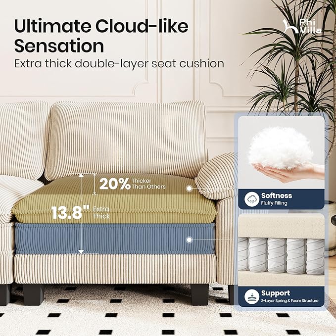 PHI VILLA Cloud Modular Couch Sets, 157.5" Oversized Sectional Sofa with L-Shaped Chaise, 5-Seater Upholstered Couches with Movable Ottoman for Living Room, Corduroy Beige