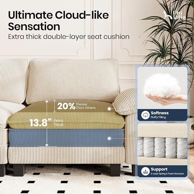 PHI VILLA Cloud Modular Couch Sets, 123.6" Sectional Sofa with L-Shaped Chaise, 4-Seater Upholstered Couches with Movable Ottoman for Living Room, Corduroy Fabric, Beige