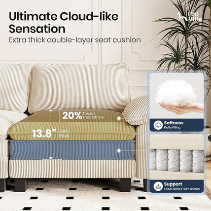 PHI VILLA Cloud Modular Couch Sets, 123.6" Sectional Sofa with L-Shaped Chaise, 4-Seater Upholstered Couches with Movable Ottoman for Living Room, Corduroy Fabric, Beige