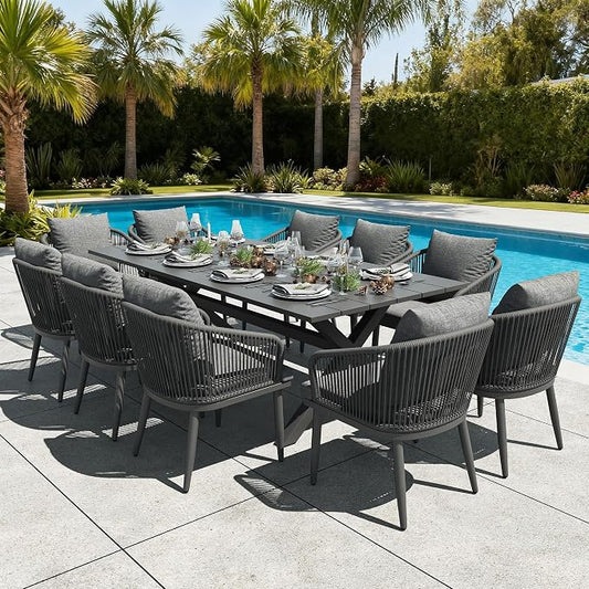 LayinSun 11 Pieces Outdoor Patio Dining Set, Aluminium Rectangular Dining Table and Wicker Rattan Chairs Set for Outside Backyard, Poolside