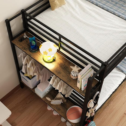 Full Over Full Metal Bunk Bed with Storage Station & Rolling Drawers | Built-In USB Charging Station,Hall Tree & Full Safety Guardrails for Bedroom