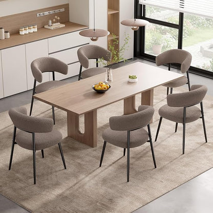 Dining Chairs Set of 2, Mid Century Modern Kitchen Chairs, Boucle Upholstered Dining Chair with Curved Backrest & Metal Legs for Kitchen Dining Room, Brown