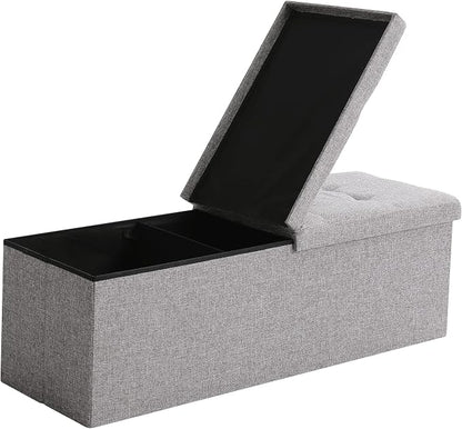 45.3 Inches Foldable Seat Footrest Shoe Bench End of Bed Storage with Flipping Lid, 166L Upholstered Tufted Bench, Linen Fabric Grey
