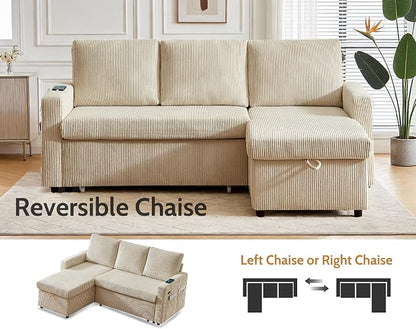 WEUP 82" L Shaped Sectional Sleeper Sofa Bed with Pull Out Bed, Sectional Sleeper Couch Pull Out Couch with Reclining Backrest/Reversible Storage Chaise/USB Ports/Tool-Free Assembly, Corduroy Beige