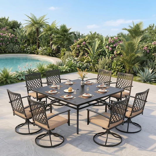 PHI VILLA 9 Pieces Outdoor Dining Set for 8, 57.5" Black Square Metal Table with Umbrella Hole & Swivel Wrought Iron Chairs with Cushions, Large Outside Furniture Set for Patio, Deck, Yard, Porch