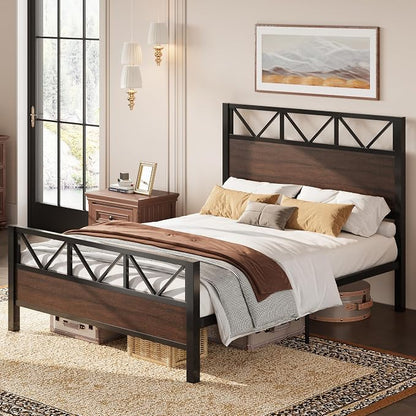 LIKIMIO Queen Bed Frame, Tall Industrial Headboard 51.2 ", Platform Bed Frame with Strong Metal Support, Solid and Stable, Noise Free, No Box Spring Needed, Easy Assembly, Dark Brown