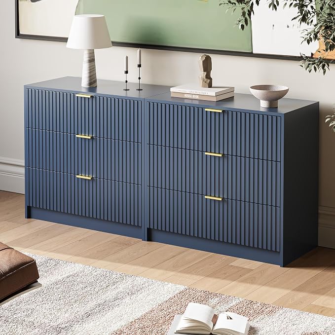 MAISONARIA 3-Piece Dresser Bedroom Set, 6 Drawer Dresser & 3 Drawer Nightstands with Gold Handles, Fluted Wood Chest of Drawers for Bedroom, Living Room, Entryway, Navy Blue