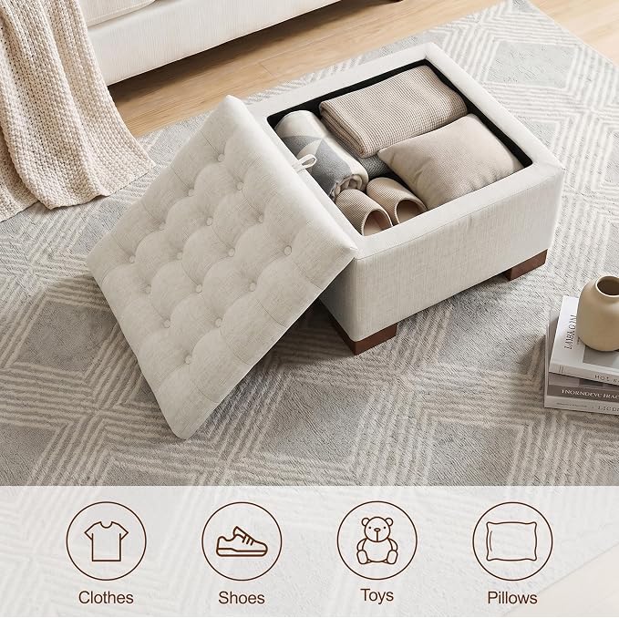 24 Inch Square Storage Ottoman Coffee Table, Modern Tufted Upholstered Ottoman with Flip Tray and Solid Wood Legs, Suitable for Living Rooms, Linen Beige