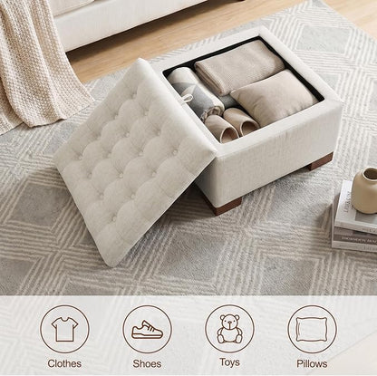24 Inch Square Storage Ottoman Coffee Table, Modern Tufted Upholstered Ottoman with Flip Tray and Solid Wood Legs, Suitable for Living Rooms, Linen Beige
