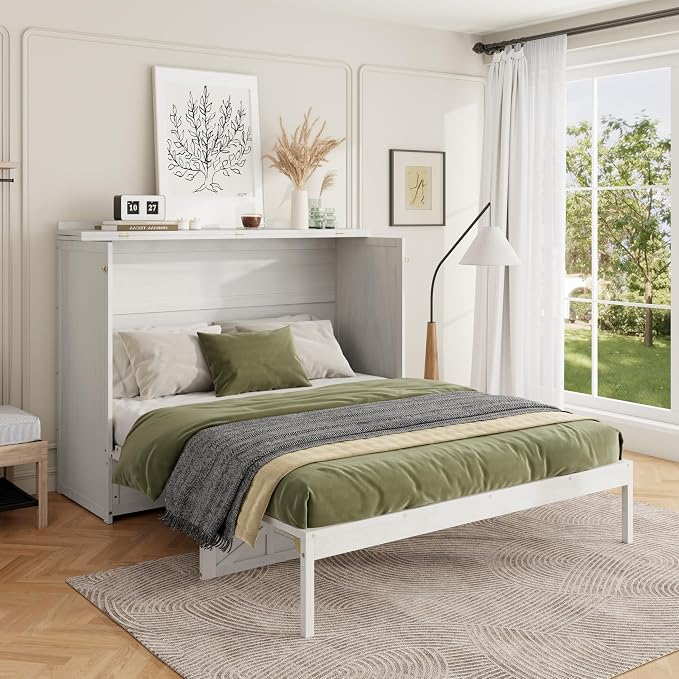 Bellemave Queen Size Murphy Bed, Cabinet Bed with Charging Station and Storage, Farmhouse Murphy Cabinet with Foldable Panel, for Bedroom,Office, Brushed White