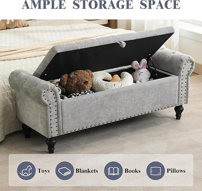 51" Storage Bench for Bedroom, Upholstered Ottoman Bench Chenille LightGray | End of Bed Bench for Bedroom, Window Benches for Living Room, Entryway, Ottoman with Large Storage Space, Pet Friendly