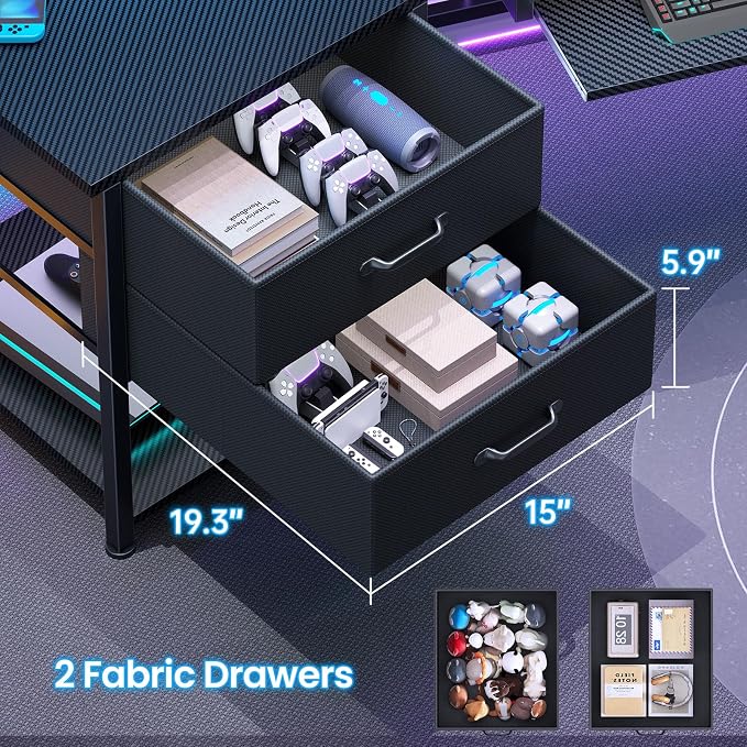 Itaar 79" Gaming Desk with 2 Fabric Drawers, Long Computer Desk with Power Strip & LED Lights, U Shaped Desks with Storage and Cup Holder, Large Gaming Table for Bedroom, Carbon Fiber Black