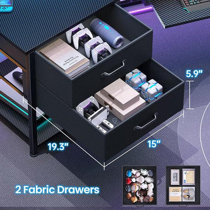 Itaar 79" Gaming Desk with 2 Fabric Drawers, Long Computer Desk with Power Strip & LED Lights, U Shaped Desks with Storage and Cup Holder, Large Gaming Table for Bedroom, Carbon Fiber Black