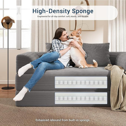 Living&Giving Convertible Boneless Couch, 5-in-1 Foldable Floor Futon Sofa Bed, 70" Corduroy Loveseat Sleeper with High-Density Foam & Firm Support for Small Apartment, Medium Gray