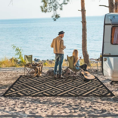GENIMO Outdoor Rug for Patio Clearance, 6'x9' Waterproof Camping Mat, Reversible Plastic Straw Rugs for RV, Camper, Balcony, Backyard, Picnic, Deck (Mix Black Brown)
