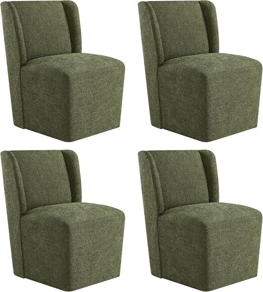 KISLOT Upholstered Dining Chairs Set of 4 with Casters, Wingback Modern Side Armless Deskchair with Rollers for Diningroom Bedroom Livingroom Reading Room, Green Fabric