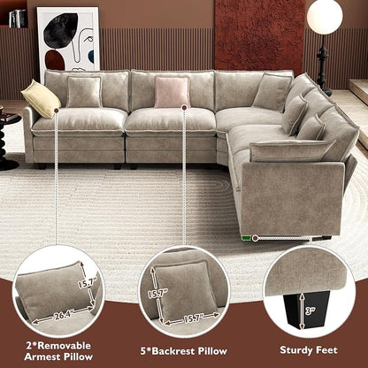 Ihanherry 114" V-Shaped Modern Sofa Modular Sectional Luxurious and Comfortable with Corner Section, 5-Seat Chenille Deep Seat Sofa with 5 Pillows for Living Room, Bedroom and Apartment, Sand