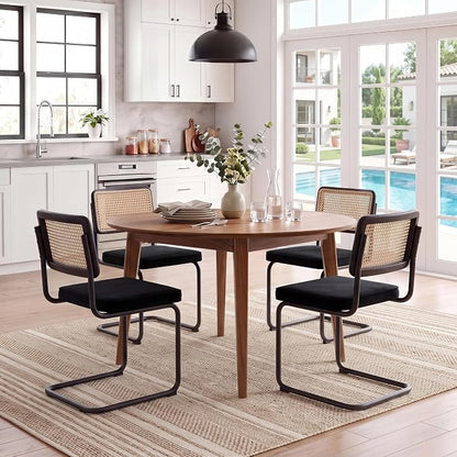 Zesthouse Rattan Dining Chairs Set of 6, Mid Century Modern Dining Room Chairs with Natural Cane Mesh & Black Base, Black Cesca Chair Velvet Fabric, Farmhouse Kitchen Chair with Solid Wood Frame Back