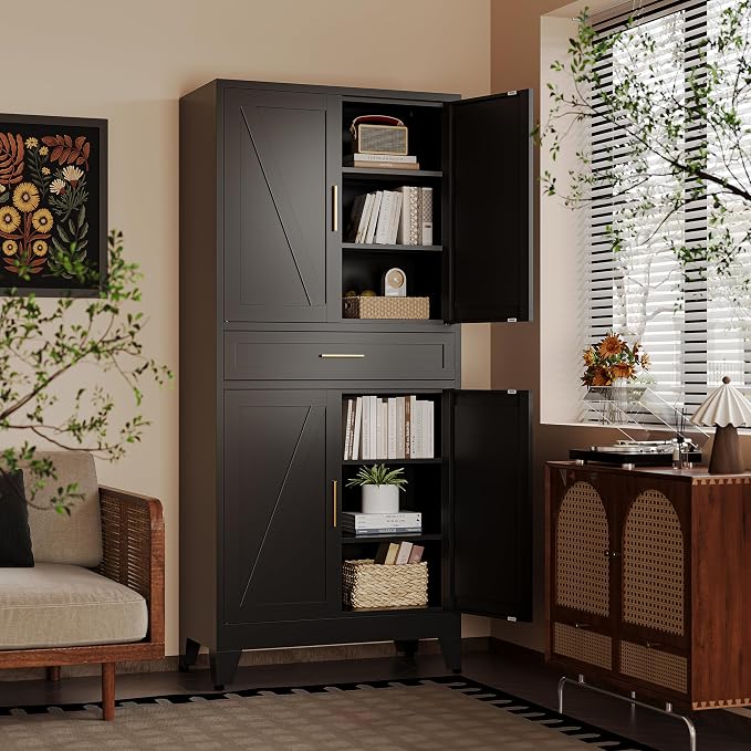 71" H Metal Kitchen Pantry Cabinet with Drawers,Black Kitchen Storage Cabinets with Doors,Tall Pantry Food Storage Cabinets,Large Freestanding Cabinets for Dining Room, Living Room