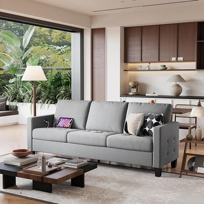 STHOUYN 73" W 3 Seater Couch with USB Ports, Grey Comfy Sofa Couches for Small Spaces, Mid Century Modern Couch Loveseat for Living Room, Bedroom, Apartment (Light Grey)