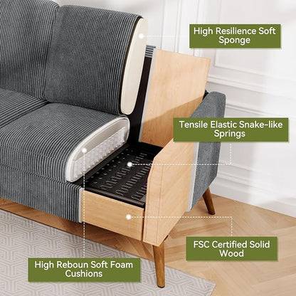 68" Loveseat Sofa, Comfy Grey Corduroy Couches for Living Room, Mid Century Modern Love Seat Sofa, Tool-Free Setup Small Couches for Bedroom Office