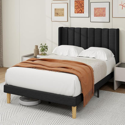 alazyhome Platform Bed Frame Full Size with Upholstered Headboard, Solid Wood Slats Support, No Box Spring Needed, Noise Free, Easy Assembly, Modern Fabric Bed, Black