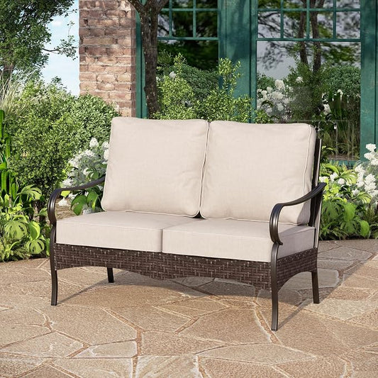 PHI VILLA Wicker & Metal Outdoor 2-Seat Patio Couch,Patio Sofa Loveseat with Deep Seating for Front Porch, Deck, Balcony, Backyard, Sunroom，Beige