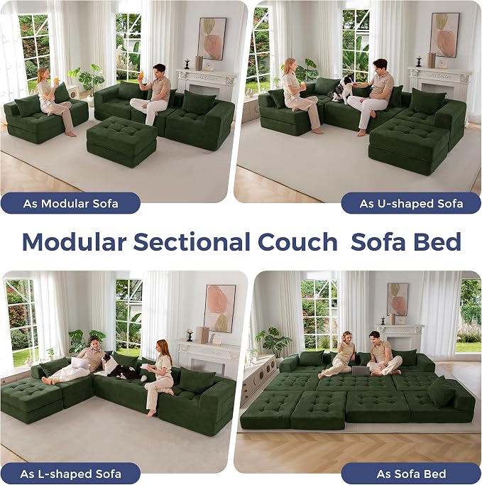 MAXYOYO Modular Sectional Sofa Couch, Foldable U Shaped Cloud Couch with Pillows, Tufted 6-Seat Boneless Sofa Lounger for Living Room, No Assembly Required, Dark Green