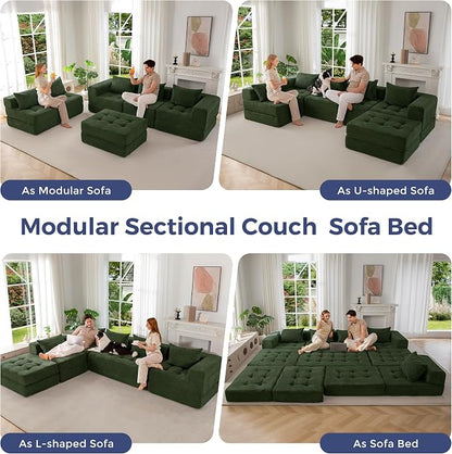 MAXYOYO Modular Sectional Sofa Couch, Foldable U Shaped Cloud Couch with Pillows, Tufted 6-Seat Boneless Sofa Lounger for Living Room, No Assembly Required, Dark Green