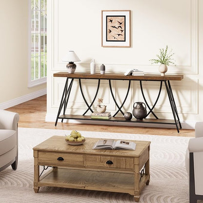 JUSTOGO 70.9" Narrow Console Table for Entryway, Industrial Long Sofa Table Behind Couch, Farmhouse Hallway Table with Storage for Living Room, Entrance, Foyer, Rustic Brown