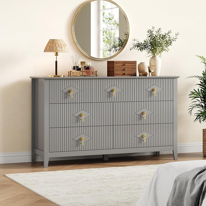 GarveeHome Fluted Dresser for Bedroom, 54 Inch Wide 7-Drawer Wood Dresser, Modern Chest of Drawers, Storage Organizer Cabinet for Living Room, Hallway, Entryway, Grey