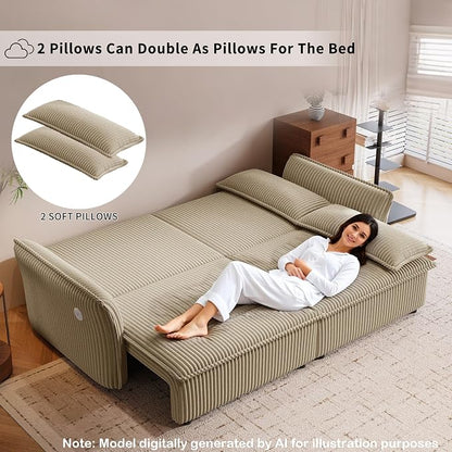 85" Pull Out Sofa Bed Full Size, Pre-Assembled Corduroy Sleeper Sofa, Convertible Loveseat Futon Couch with Storage Ottoman, USB, Pillows, for Apartment, Living Room, Small Spaces, Camel