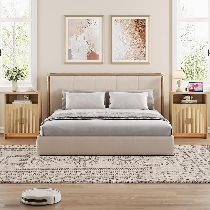 Nightstand with Charging Station and LED Lights, Night Stands with Adjustable Storage Cabinet, Modern Side Table with Fluted Doors and Open Storage, Bedside Table for Bedroom, Natural