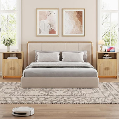 Nightstand with Charging Station and LED Lights, Night Stands with Adjustable Storage Cabinet, Modern Side Table with Fluted Doors and Open Storage, Bedside Table for Bedroom, Natural