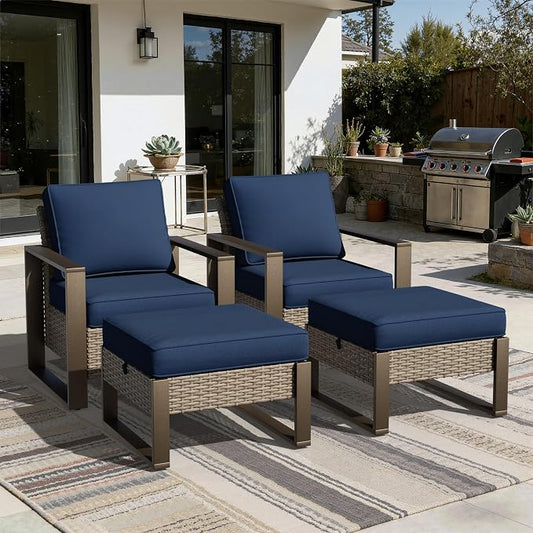 Joyside Outdoor Patio Chairs, 4 Pieces Wicker Rattan Furniture Set, 2 Patio Chairs and 2 Ottoman, Metal Wide Armrest, Thick Cushions and Deep Seating for Garden, Backyard, Porch, Deck