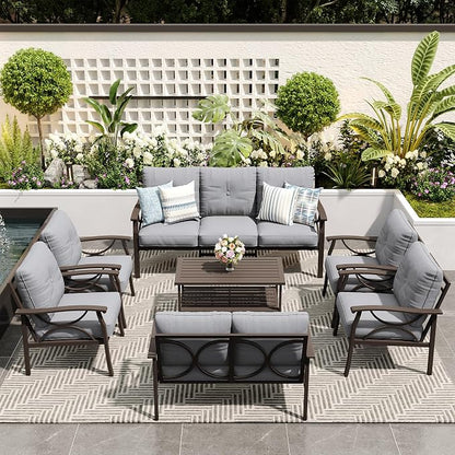 FansaFurn 7-Pieces Outdoor Patio Furniture Set, Outdoor Metal Sectional Furniture with Cushions, Outdoor Conversation Seating Set with Coffee Table for Garden, Balcony, Deck, Backyard, Grey
