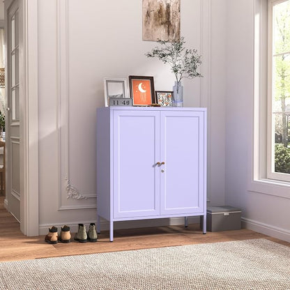 Accent Cabinet Locker, Square Storage Cabinet 36 Inch High, Freestanding Metal Storage Cabinet with 2 Doors and 2 Adjustable Shelves, Multifunctional Cabinet for Home, Hallway and Office Purple