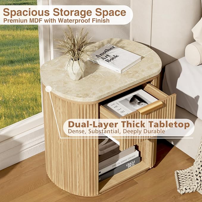 Fluted Marble Nightstand Set of 2, 23.6" Large Bedside Side Table with Drawer, Wood End Table with Storage, Curved Round Corner, Furniture Bedroom Sofa, Mid Century Modern,Oak, Marble